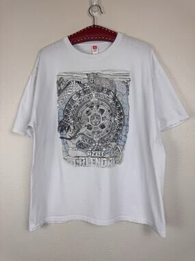 Vintage Unisex Aztec Calendar Graphic Tee T-Shirt Cotton White Blue Gray Large